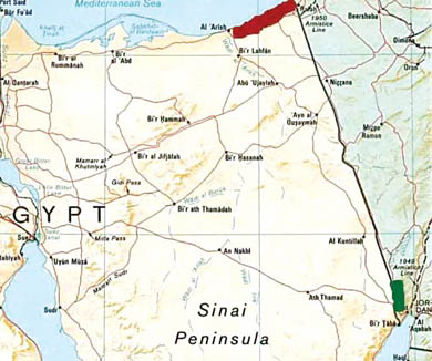 خريطة للمنطقة الحدودية بين مصر وفلسطين