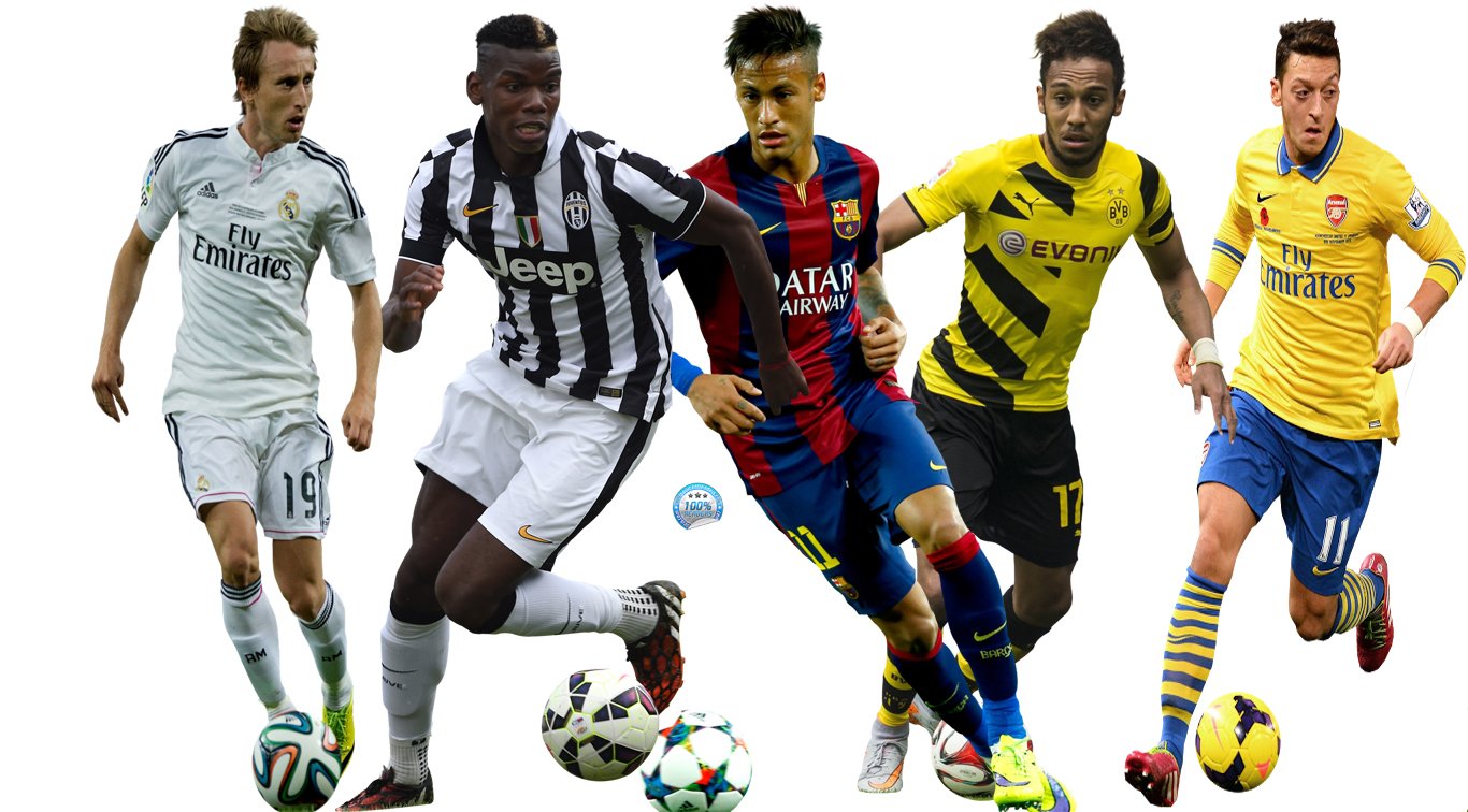 من اليمين: أوزيل, وأوباميانغ, ونيمار, وبوغبا, ومودريتش